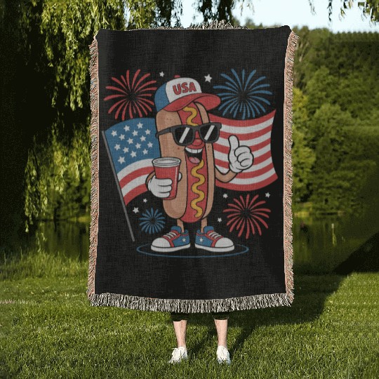4th Of July Hotdog American Flag Patriotic Firewor Woven Blankets