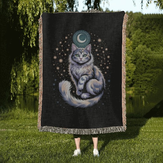 Celestial Cat with Stars and Moon Woven Blankets