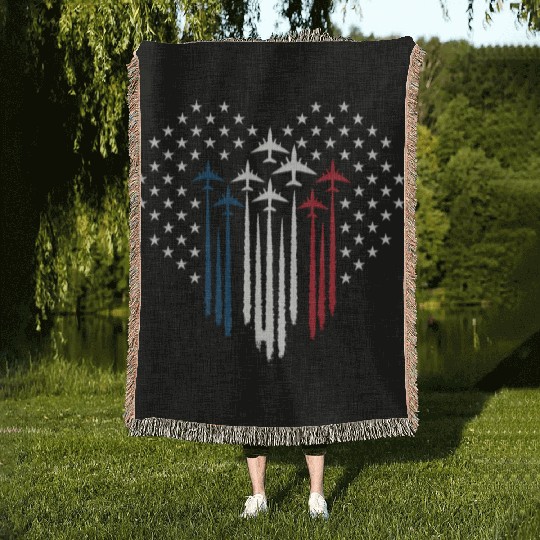 Fighter Jet Airplane USA Flag Heart Woven Blankets