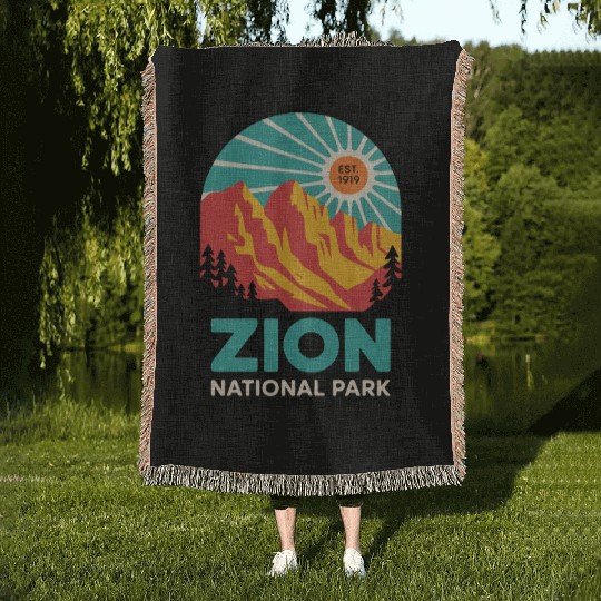 Zion National Park Retro Sunset Art Woven Blankets
