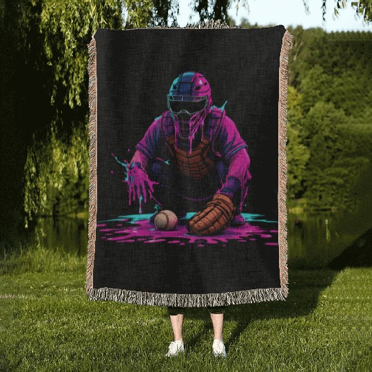 Neon Baseball Catcher Art Cool Vaporwave Sports Woven Blankets