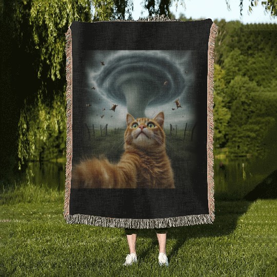 Funny Tornado Cat Selfie Flying Cow Meme Woven Blankets