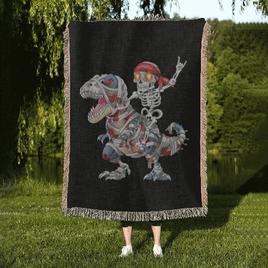 Rocker Skeleton Riding Mummy Dinosaur Halloween Woven Blankets