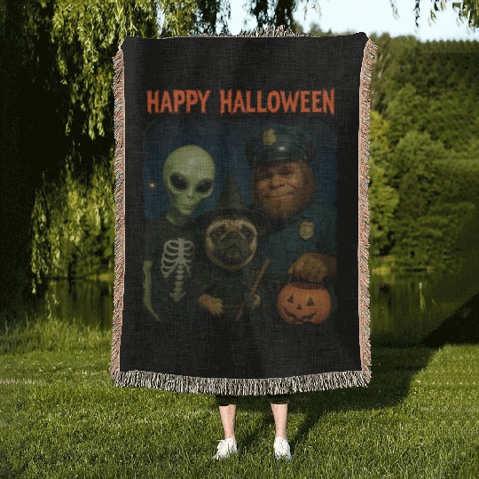 Bigfoot Alien Pug Funny Halloween Trick or Treat Woven Blankets