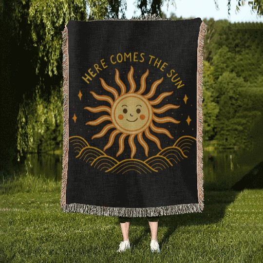 Here Comes The Sun Wavy Folk Art Retro 60s Woven Blankets