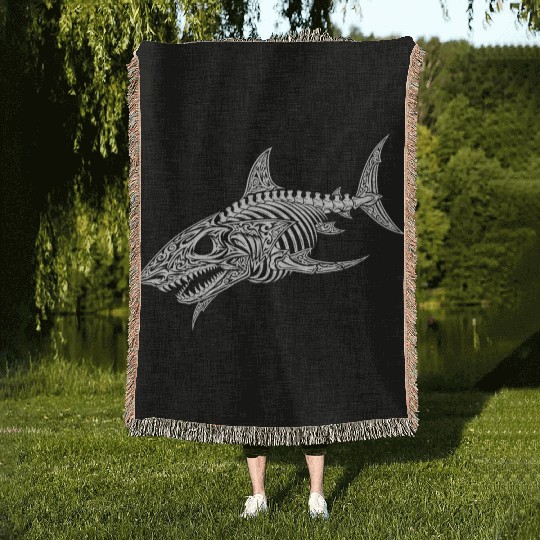 tribal design skeleton shark Woven Blankets
