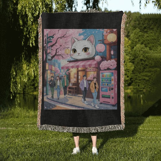 Tokyo Sakura Stroll – Cute Girl Under Cherry Bloss Woven Blankets