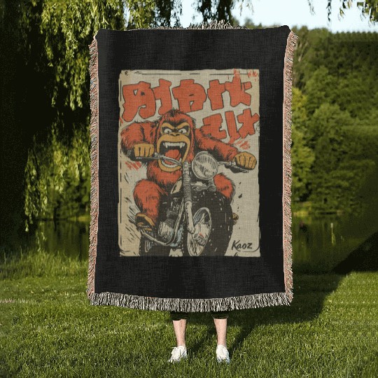 Monkey Mayhem – Vintage Ape on a Motorcycle Woven Blankets