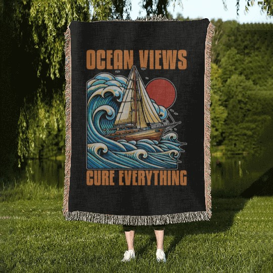 Sailing Ocean Views Cure Everything Fisherman Woven Blankets