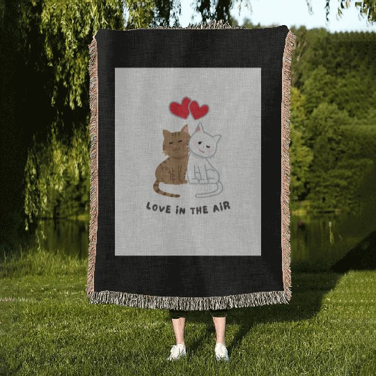 White Brown Illustrative Cat Couple Woven Blankets 202