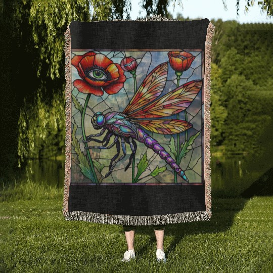 Dragonfly stained glass poppy flower insect eye Woven Blankets