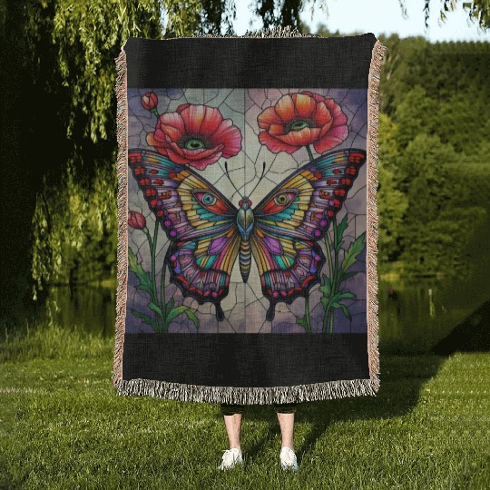 Butterfly stained glass design vibrant poppy Woven Blankets