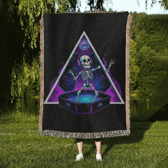 Neon Dancing Skeleton in Coffin Woven Blankets