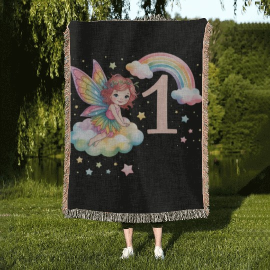 Magical Rainbow Fairy Elf 1st Birthday Girl Woven Blankets