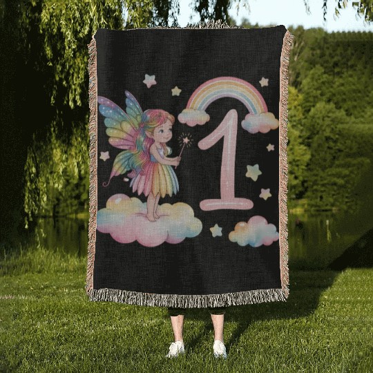 Magical Rainbow Fairy Elf 1st Birthday Girl Woven Blankets