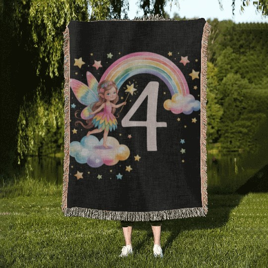 Magical Rainbow Fairy Elf 4th Birthday Girl Woven Blankets