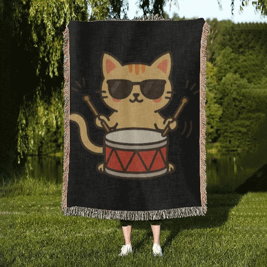 Drummer Cat With Shades Woven Blankets