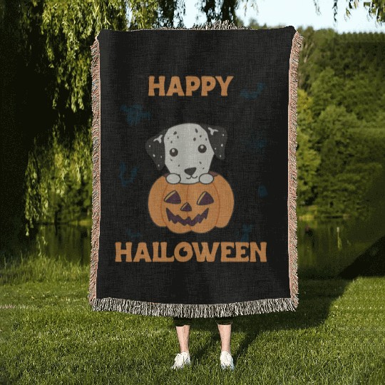 Dalmatian In Pumpkin Sweet Dogs Happy Halloween Woven Blankets