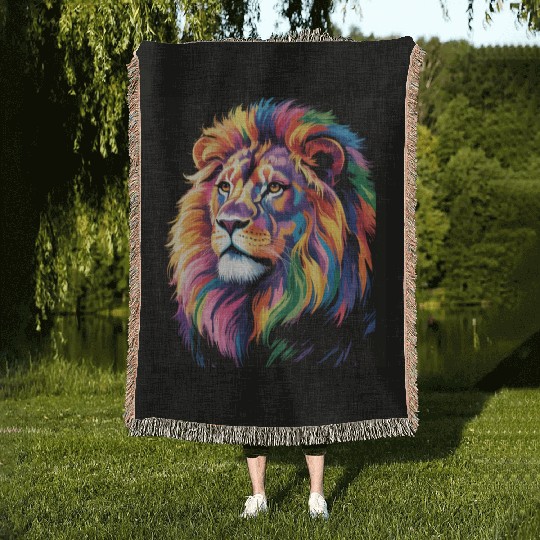 Pride and Power – Majestic Rainbow Lion Head Woven Blankets