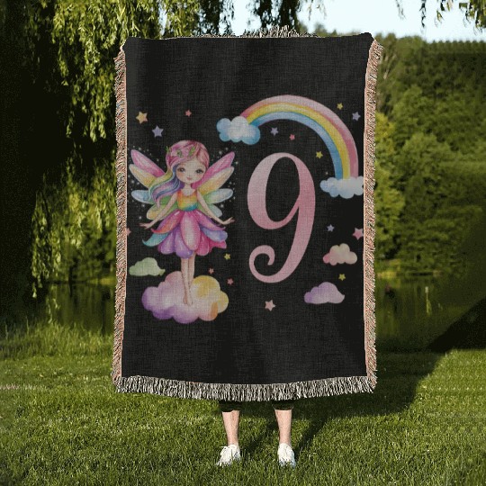 Magical Rainbow Fairy Elf 9th Birthday Girl Woven Blankets