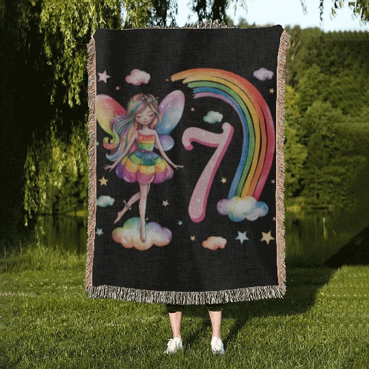 Magical Rainbow Fairy Elf 7th Birthday Girl Woven Blankets