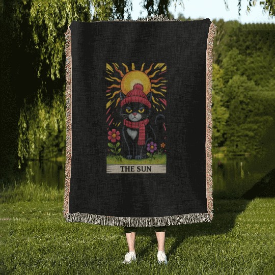 Grumpy Cat Tarot Card The Sun, Funny Cat Lover Woven Blankets