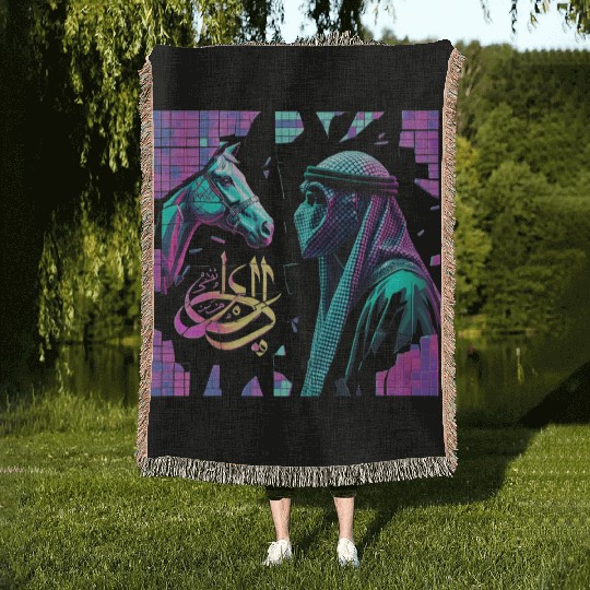 Neon Arabian Horse & Bedouin – Futuristic Eastern Woven Blankets