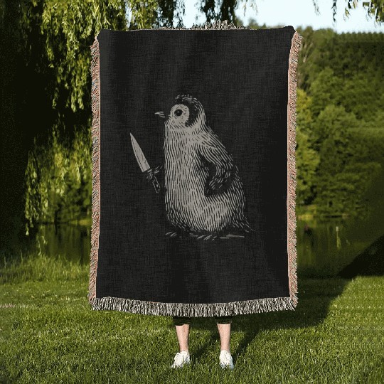 Funny Fight Or Flight Meme Penguin With Knife Woven Blankets