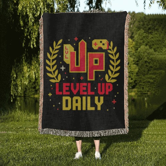 Level Up Daily Gaming Lifestyle Motivation Graphic Woven Blankets