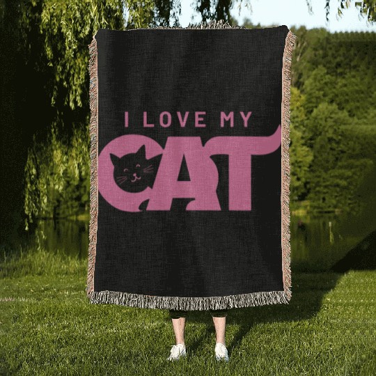 I Love My Cat – Cute Pink Cat Face Graphic Woven Blankets