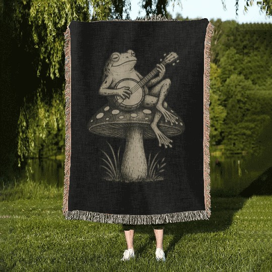 Folk Toadstool Jam | Banjo Frog Cottagecore Art Woven Blankets