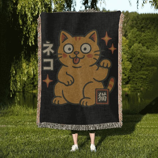 Lucky Cat Japanese Woven Blankets
