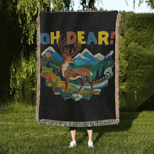 Oh-Dear-Wanderlust-Deer-in-Jungle-Tibetan-Folk-Art Woven Blankets