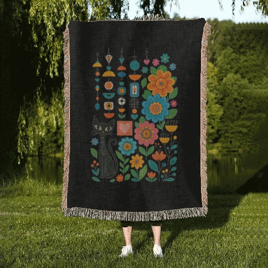 Midnight Cats Blooming Charms Woven Blankets