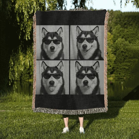 Fun Siberian Husky Sunglasses Portraits Woven Blankets