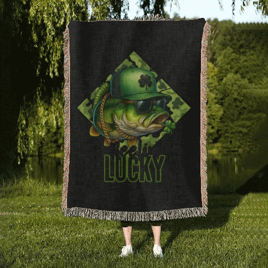Reelin' Lucky Bass Fish Woven Blankets