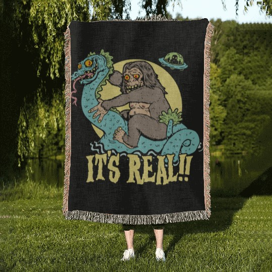 Bigfoot Rides Nessie UFO Cryptid Monster Mayhem Woven Blankets