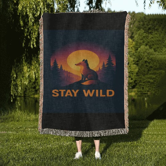 Stay Wild Forest Fox Illustration Woven Blankets