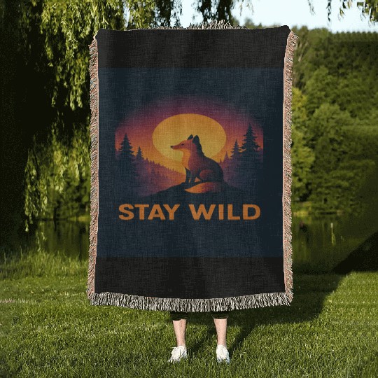 Stay Wild Forest Fox Illustration Woven Blankets