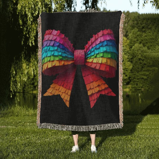 Vibrant Rainbow Paper Ribbon Bow Woven Blankets