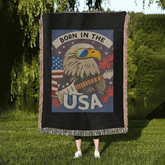 Born in the USA Bald Eagle Rock Guitar Woven Blankets