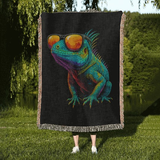 Cool Neon Iguana with Sunset Sunglasses Woven Blankets