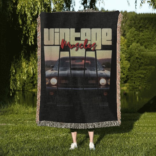 Vintage Muscle Car Sunset Poster Retro American Woven Blankets
