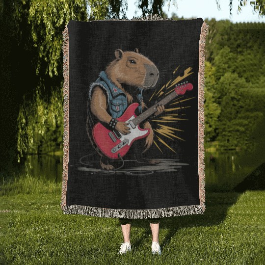 Cool Capybara Playing Electric Guitar Woven Blankets