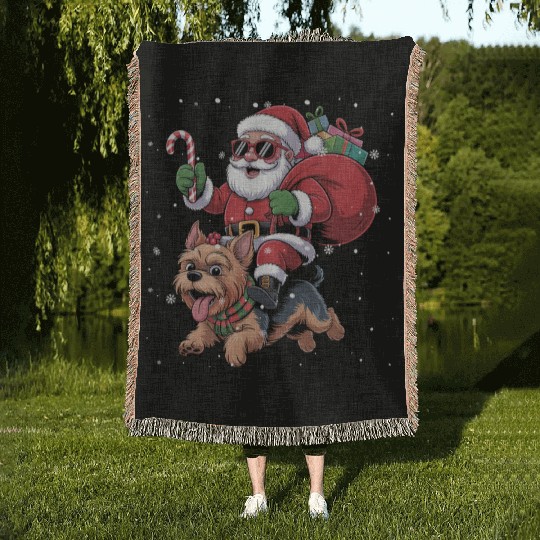Santa Claus Yorkie Dog Christmas In July Woven Blankets