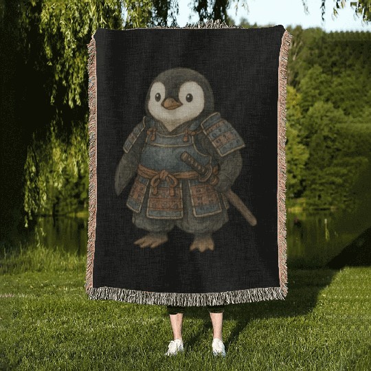 Historical samurai penguin with katana Japan cultu Woven Blankets