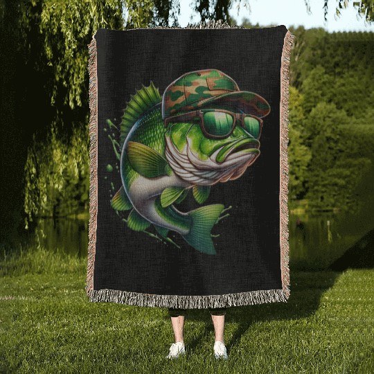 Camo Hat Bass Fish with Green Sunglasses Woven Blankets