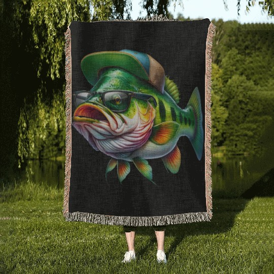 Cool Bass Fish with Green Hat and Glasses Woven Blankets