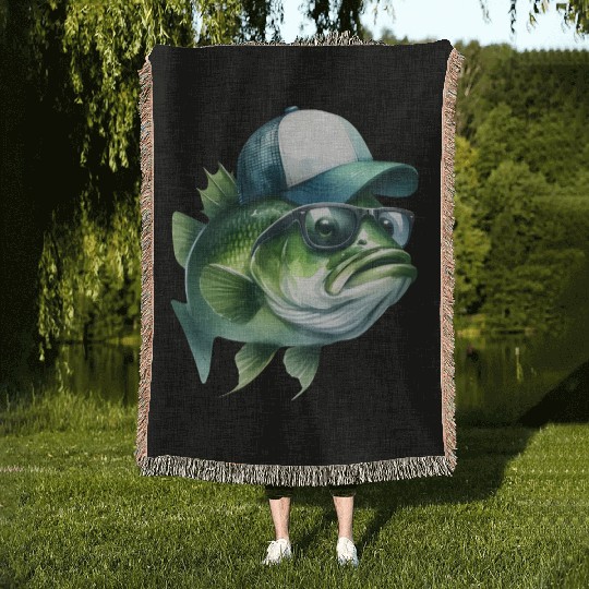 Cool Green Bass with Trucker Hat and Sunglasses Woven Blankets