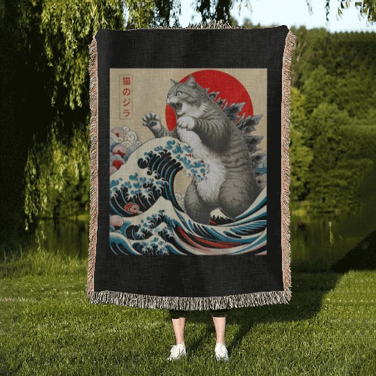 Catzilla Cat Japanese Art Funny Cat Woven Blankets